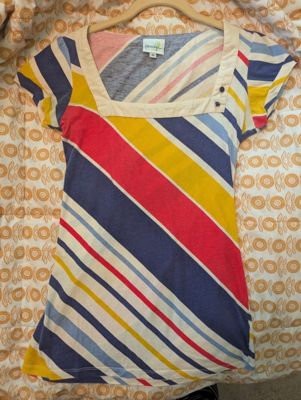 Anthropologie Old School Porridge Striped Cap-Sleeve Top in Navy Red Yellow Sz M